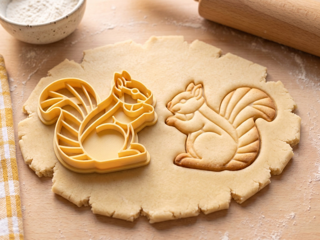 Butter-gelber Eichhörnchen-Ausstecher mit Prägung neben gebackenem Keks mit fächerförmig gegliedertem Schwanz auf hellem Holz
