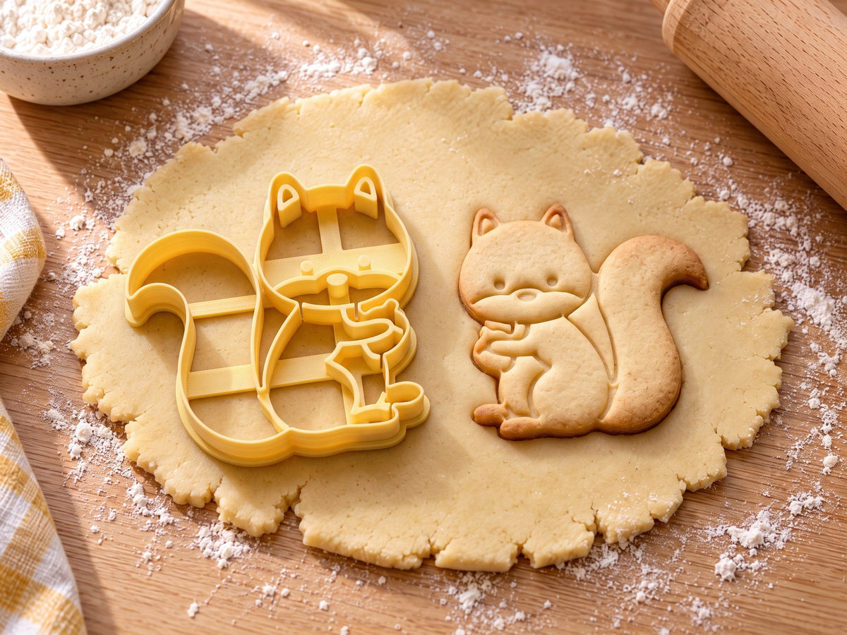 Butter-gelber Eichhörnchen-Ausstecher mit Prägung neben gebackenem Keks: Comic-Eichhörnchen hält eine Nuss, heller Holztisch