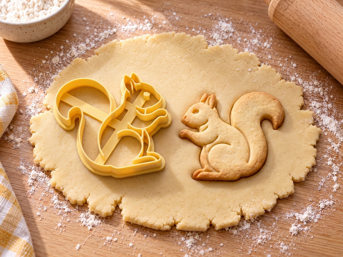 Butter-gelber Eichhörnchen-Ausstecher mit Prägung neben gebackenem Keks: sitzendes Eichhörnchen mit erhobenen Pfoten auf hellem Holz