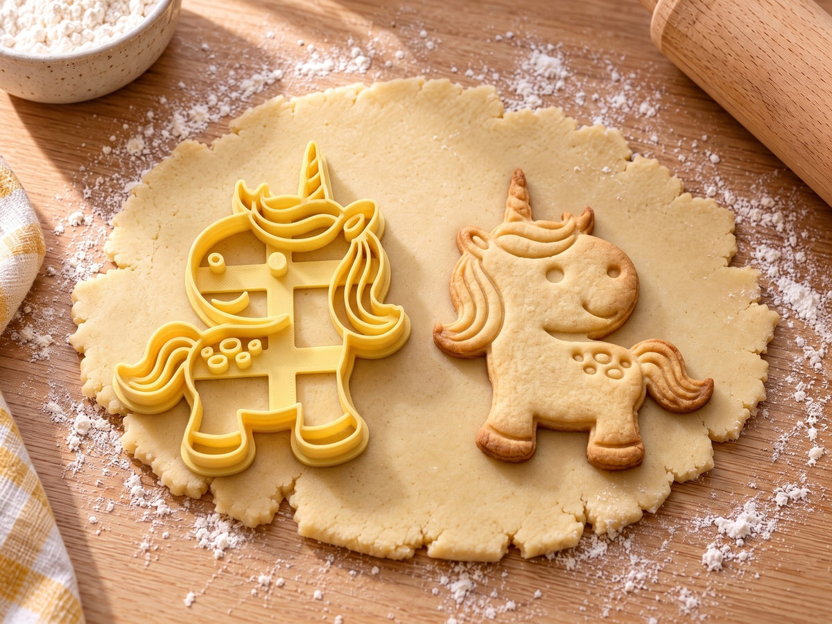 Butter-gelber Einhorn-Ausstecher mit Prägung neben gebackenem Keks mit frontalem Einhorn, Spiralhorn und Hüfttupfen auf hellem Holz