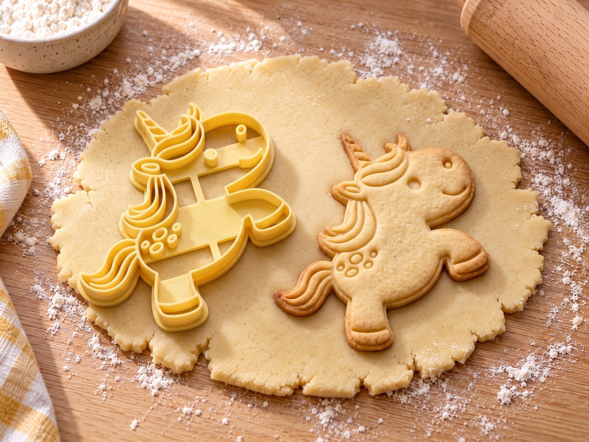 Butter-gelber Einhorn-Ausstecher mit Prägung neben gebackenem Keks mit hüpfendem Einhorn, Lockenmähne und Tupfen auf hellem Holz