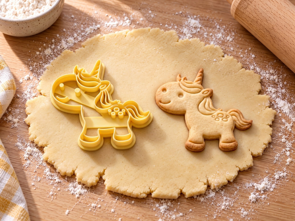 Butter-gelber Einhorn-Ausstecher mit Prägung neben gebackenem Keks mit Einhorn im Profil, Mähnensträhnen und Tupfen auf hellem Holz