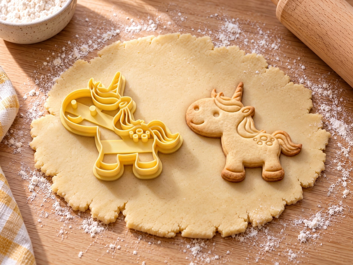 Butter-gelber Einhorn-Ausstecher mit Prägung neben gebackenem Keks mit Einhorn im Profil, Mähnensträhnen und Tupfen auf hellem Holz