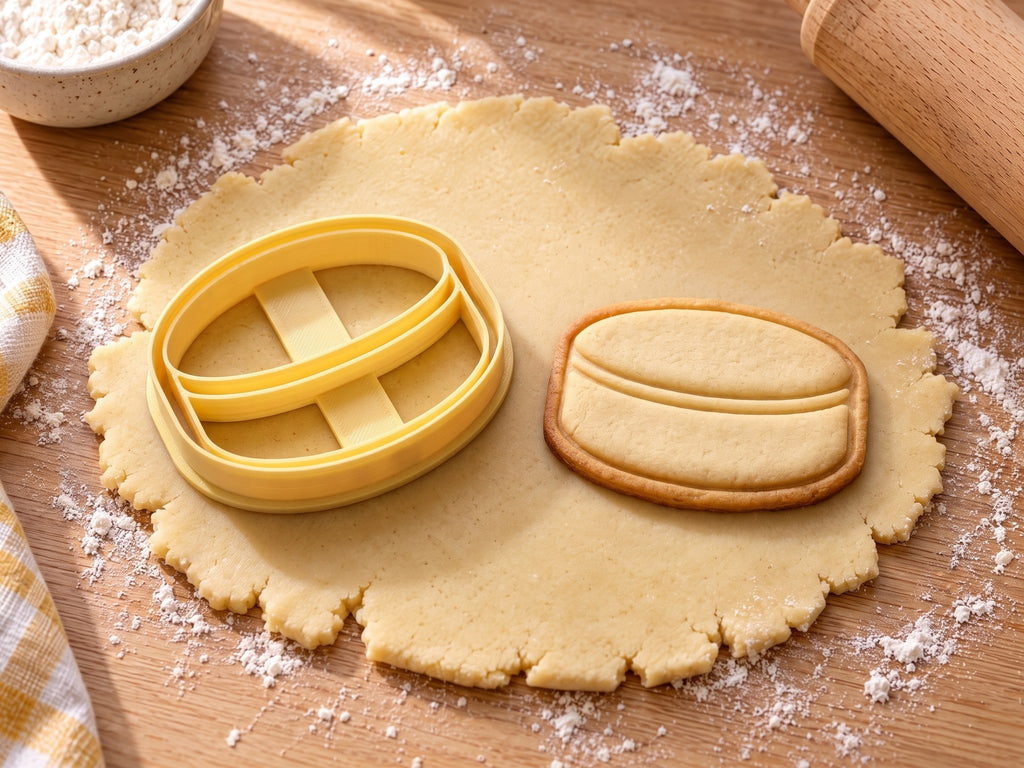 Butter-gelber Eishockeypuck-Ausstecher mit Prägung neben ovalem gebackenem Keks mit abgesetztem Rand auf hellem Holz