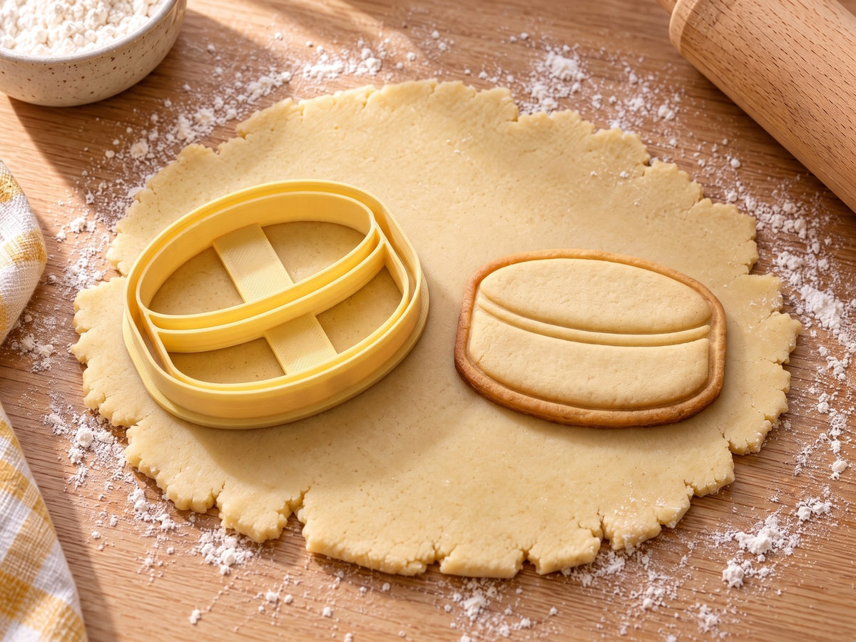 Butter-gelber Eishockeypuck-Ausstecher mit Prägung neben ovalem gebackenem Keks mit abgesetztem Rand auf hellem Holz