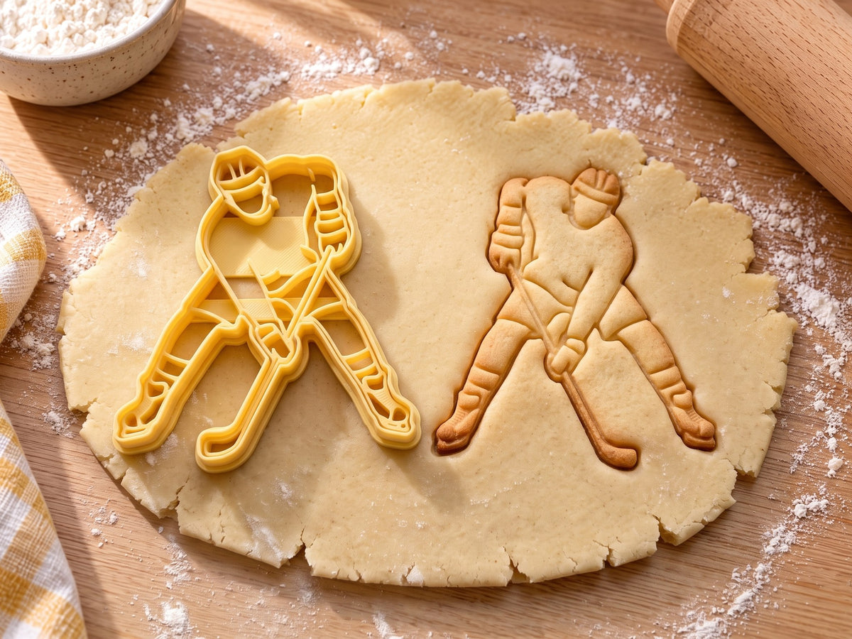 Butter-gelber Eishockeyspieler-Ausstecher mit Prägung neben gebackenem Keks mit Spieler von vorn und Schläger am Eis auf hellem Holz