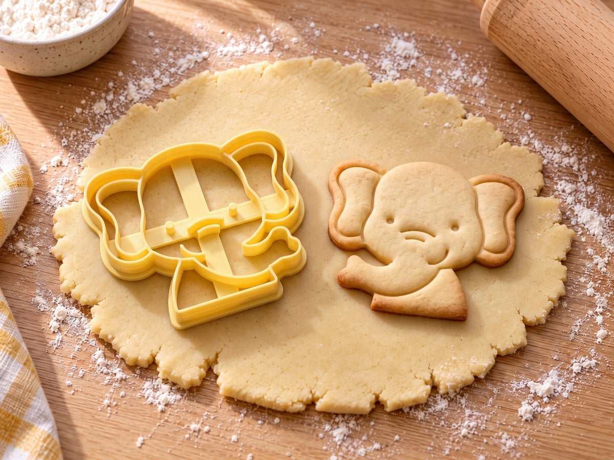 Butter-gelber Elefantenkopf-Ausstecher mit Prägung neben gebackenem Keks mit großen Ohren und erhobenem Rüssel auf hellem Holz