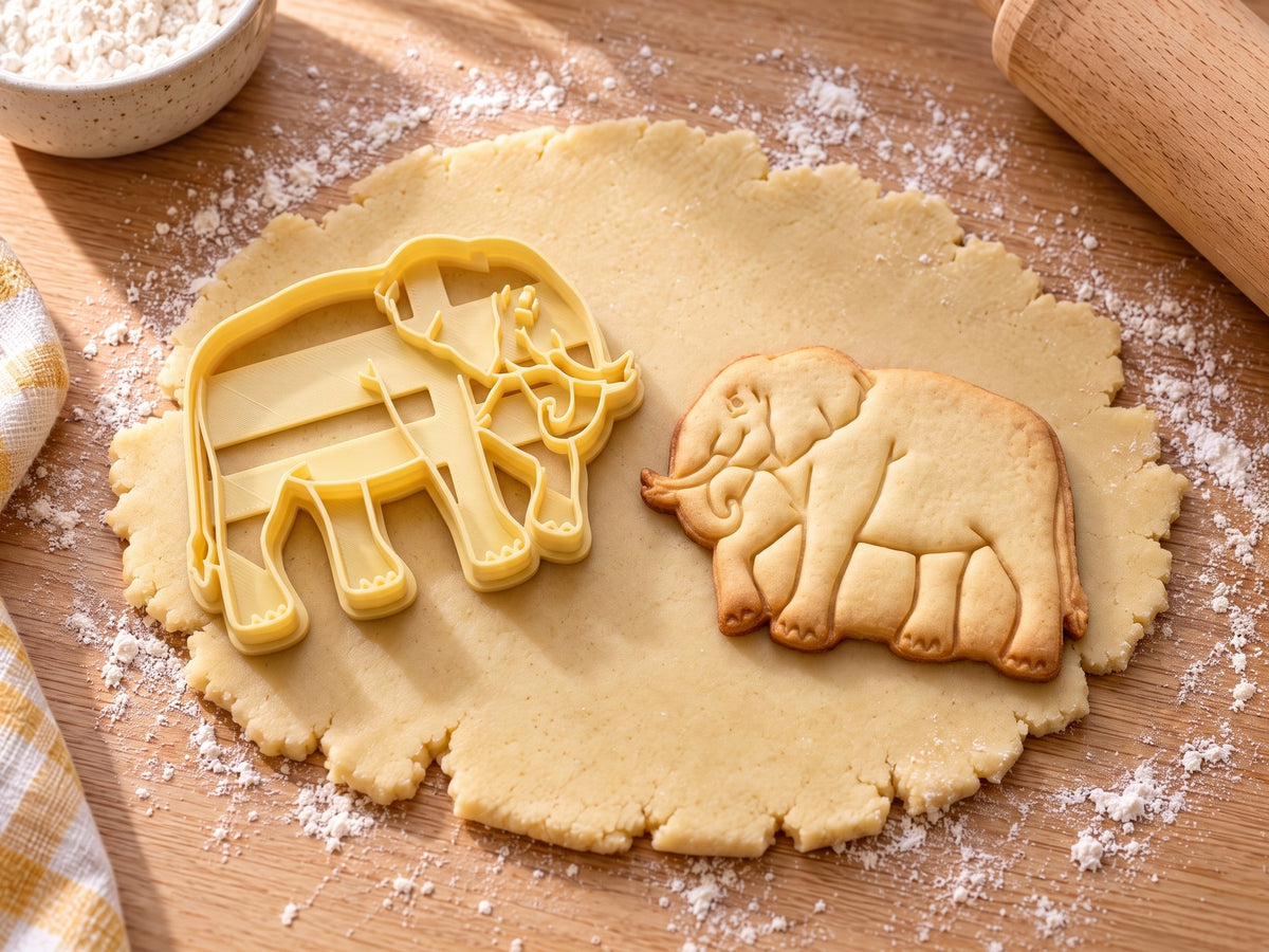 Butter-gelber Elefant-Ausstecher mit Prägung neben gebackenem Keks mit Stoßzähnen und faltigen Beinen auf hellem Holz