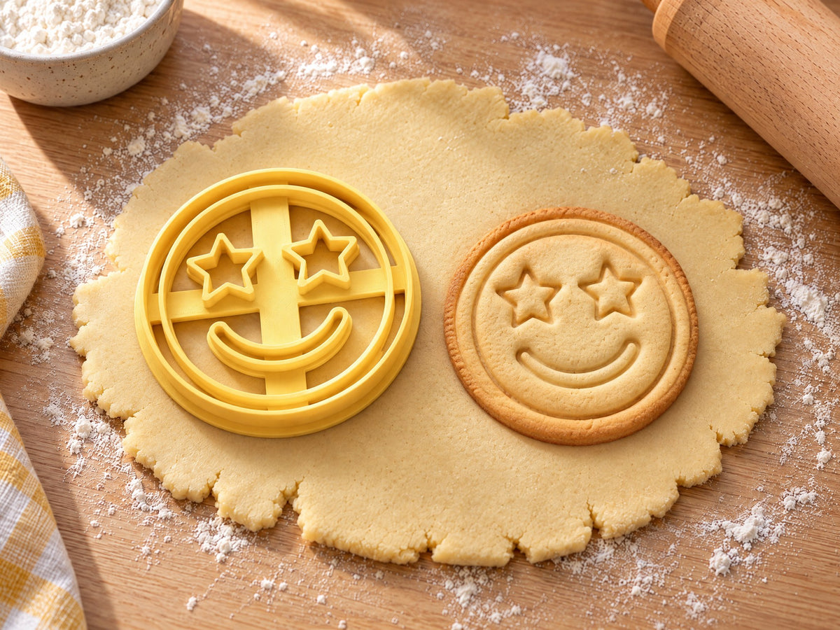 Butter-gelber Emoji-Ausstecher mit Prägung neben rundem Keks mit Sternenaugen, Grinsen und doppeltem Rand auf hellem Holz