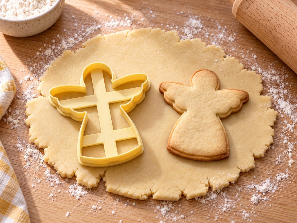 Butter-gelber Engel-Ausstecher mit Prägung neben gebackenem Keks mit Wellenflügeln und feiner Randlinie auf hellem Holz