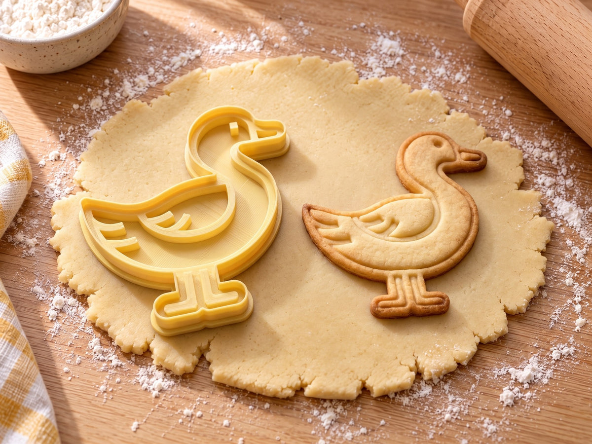 Butter-gelber Enten-Ausstecher mit Prägung neben gebackenem Keks: stehende Ente mit Flügelfedern und Schwimmfüßen auf hellem Holz