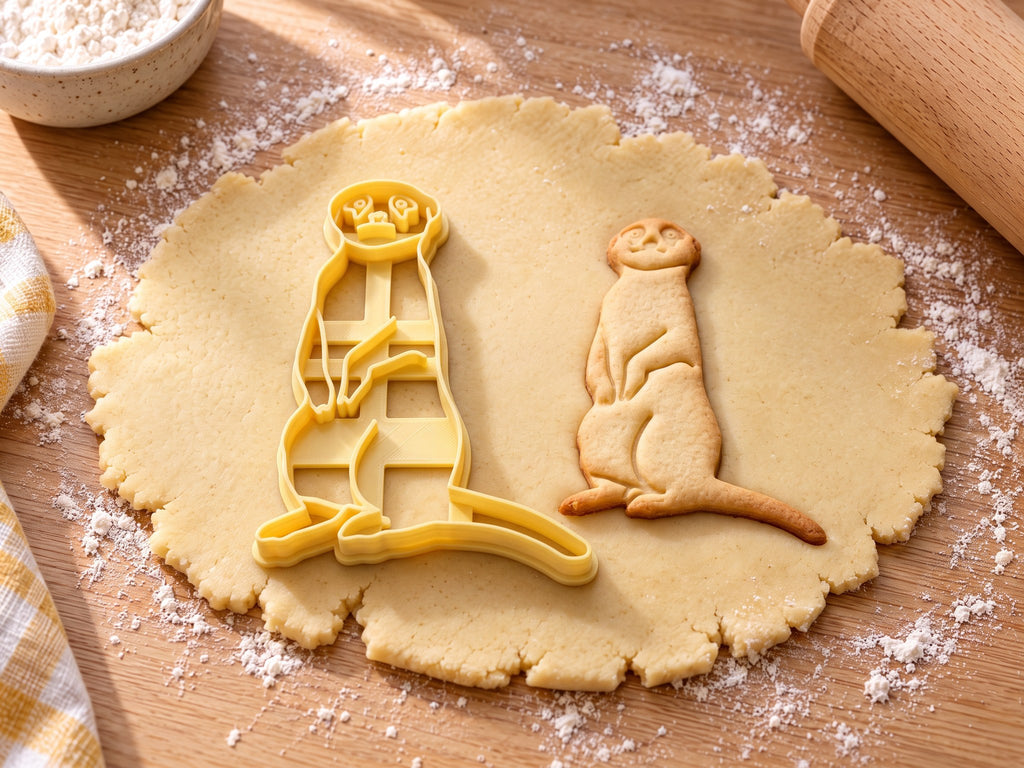Butter-gelber Erdmännchen-Ausstecher mit Prägung neben gebackenem Keks: aufrecht stehendes Erdmännchen mit Augenringen auf hellem Holz