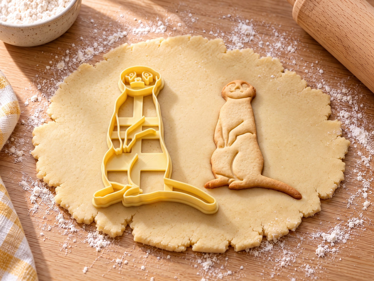 Butter-gelber Erdmännchen-Ausstecher mit Prägung neben gebackenem Keks: aufrecht stehendes Erdmännchen mit Augenringen auf hellem Holz