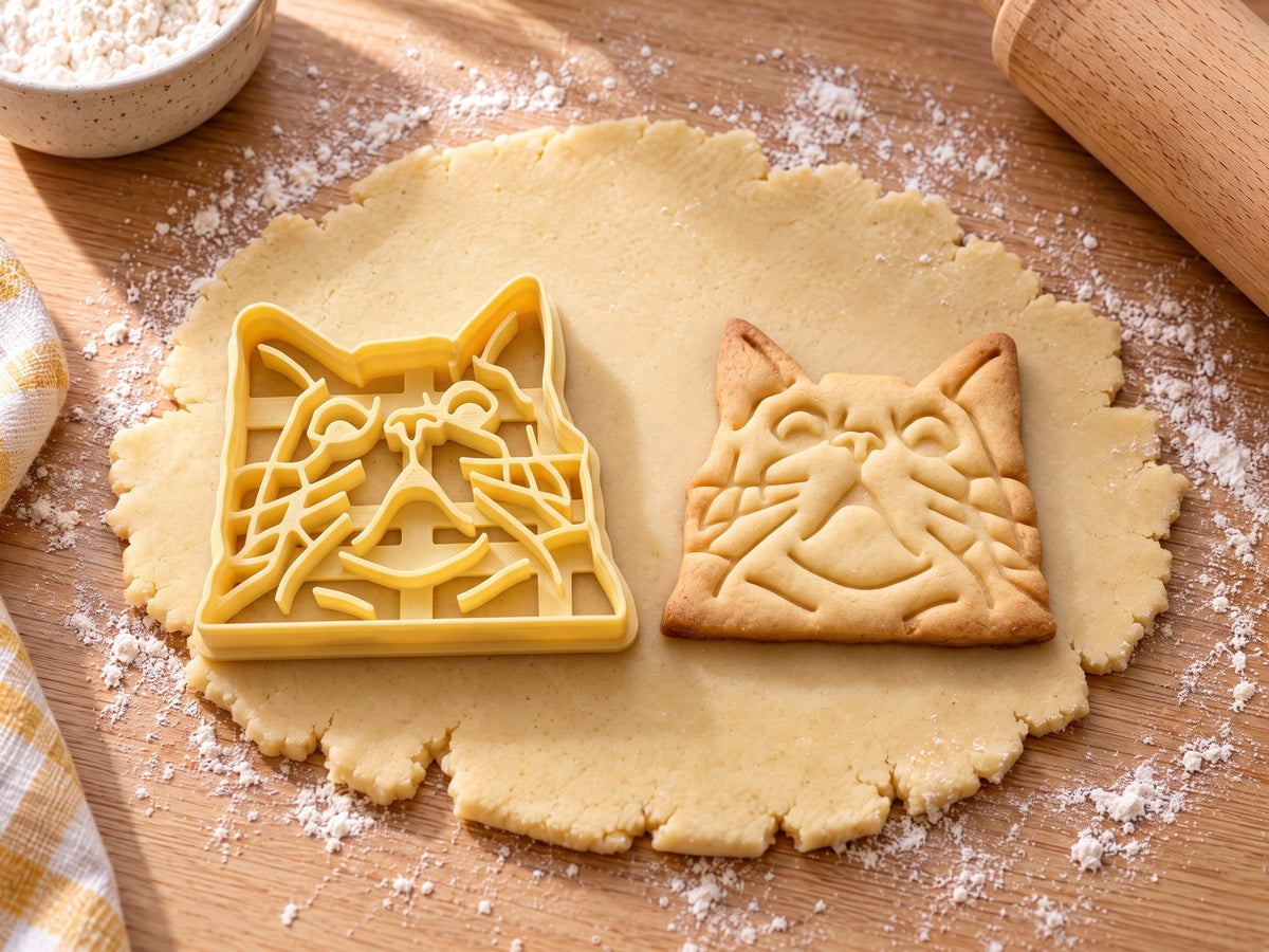 Butter-gelber Katzen-Ausstecher mit Prägung neben gebackenem Keks mit erschrockenem Katzengesicht und großen Augen auf hellem Holz