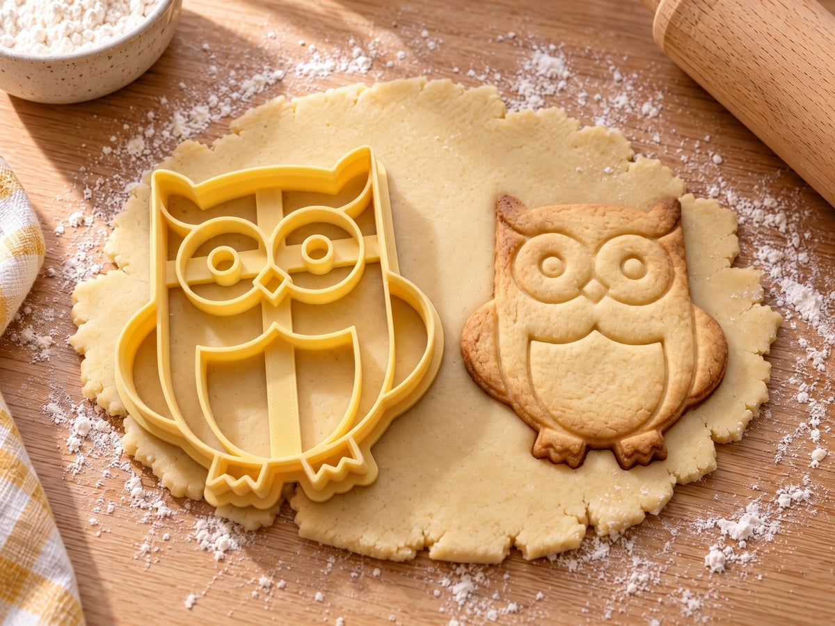 Butter-gelber Eulen-Ausstecher mit Prägung neben gebackenem Keks mit großen Kulleraugen und Federohren auf hellem Holz