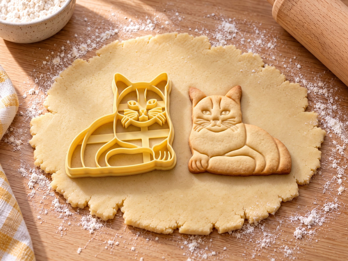 Butter-gelber Katzen-Ausstecher mit Prägung neben gebackenem Keks mit liegender Kurzhaarkatze und Schnurrhaaren auf hellem Holz