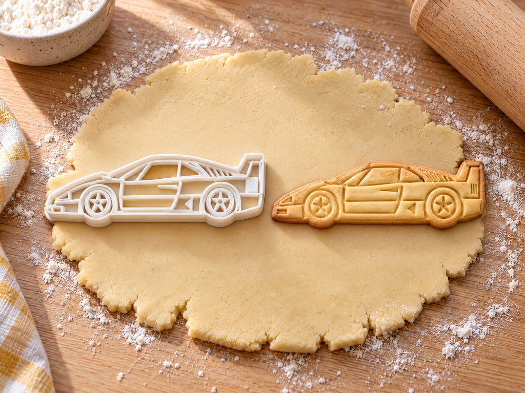 F40 Seite-Ausstecher mit Prägung neben gebackenem Keks auf hellem Holz