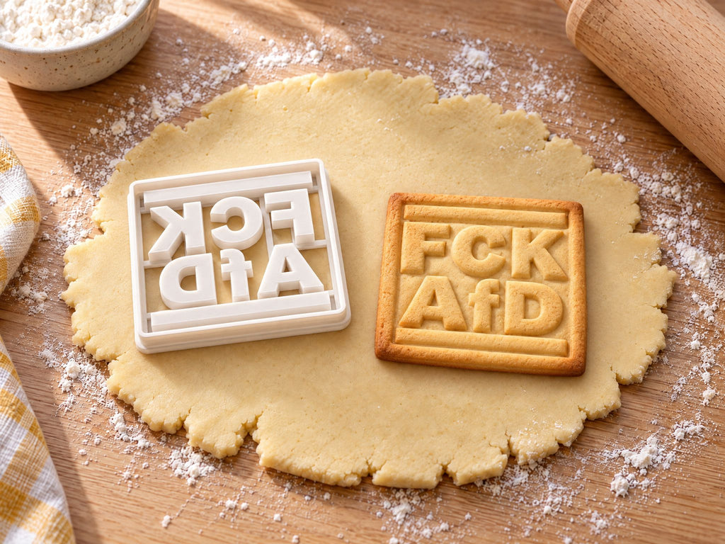 FCK AfD-Ausstecher mit Prägung neben gebackenem Keks auf hellem Holz