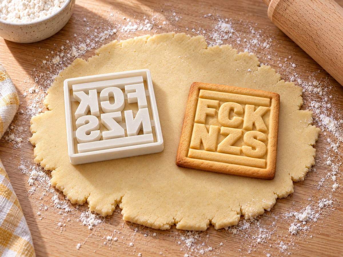 FCK NZS-Ausstecher mit Prägung neben gebackenem Keks auf hellem Holz