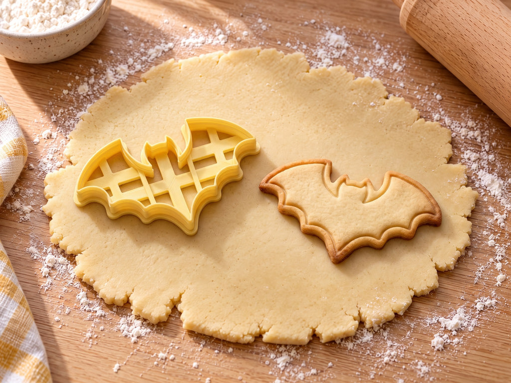 Butter-gelber Fledermaus-Ausstecher neben gebackenem Keks in glatter Silhouette mit Bogenflügeln und Spitzohren auf hellem Holz