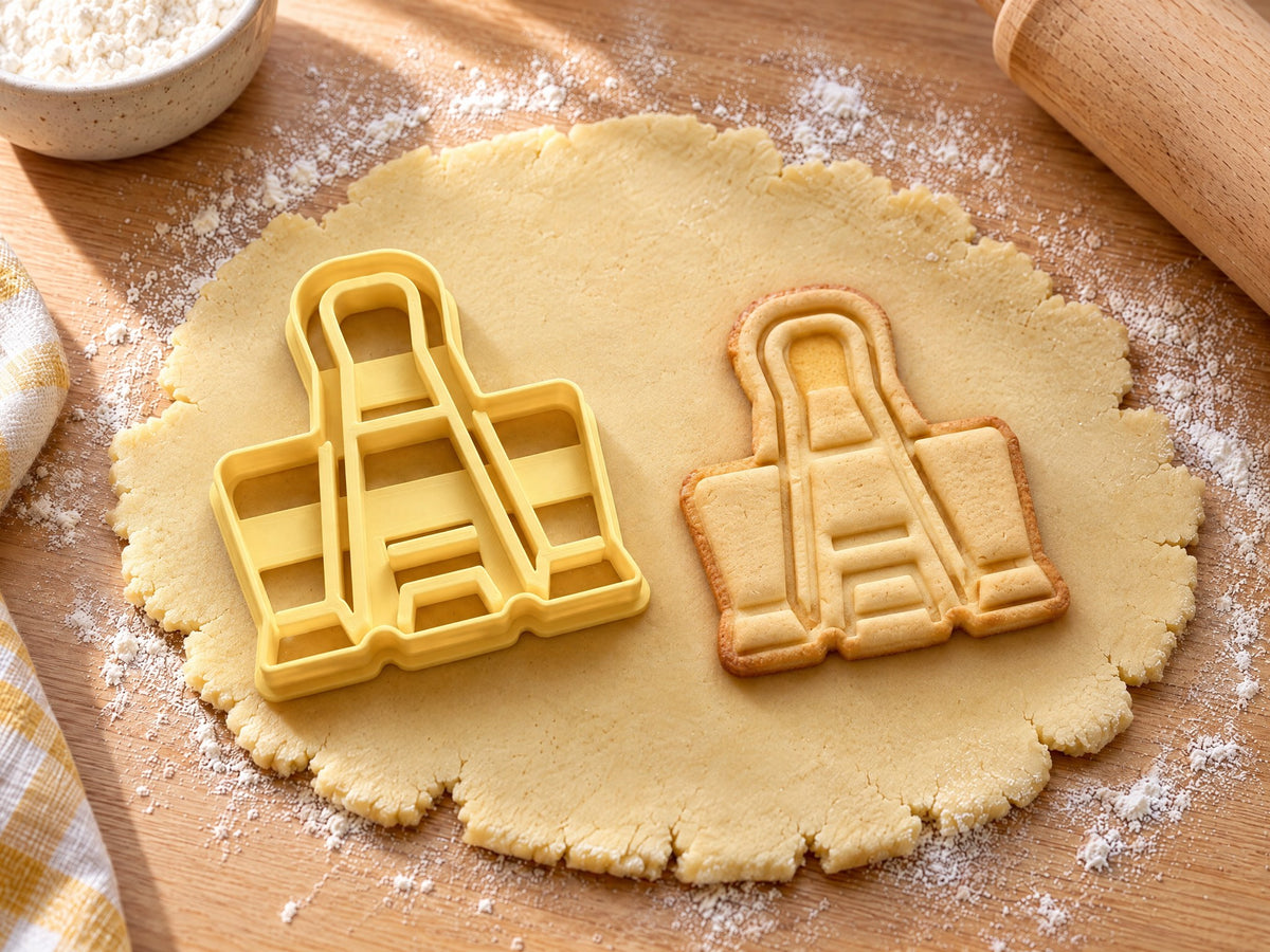 Butter-gelber Foldback-Klammer-Ausstecher mit Prägung neben gebackenem Keks mit Drahtbügeln und Klemmkörper auf hellem Holz