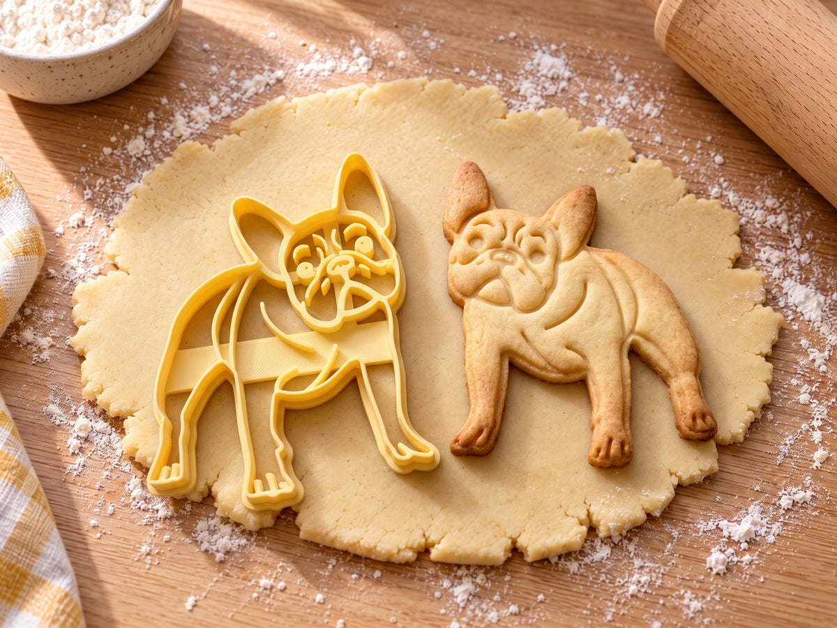 Butter-gelber Französische-Bulldogge-Ausstecher mit Prägung neben gebackenem Keks mit schräg stehender Frenchie auf hellem Holz