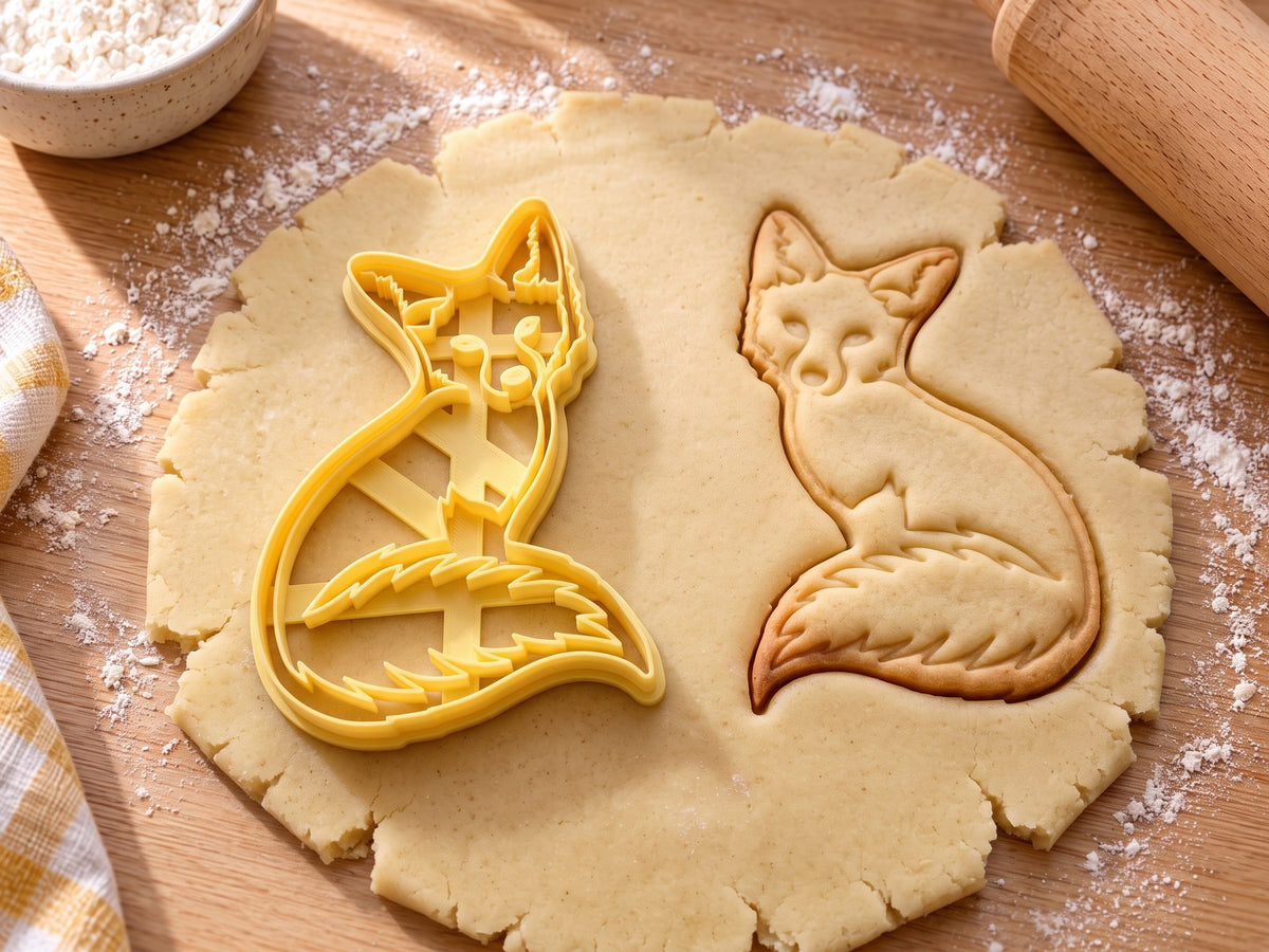 Butter-gelber Fuchs-Ausstecher mit Prägung neben gebackenem Keks: sitzender Fuchs mit fein gezeichnetem Fell und Rute, heller Holztisch