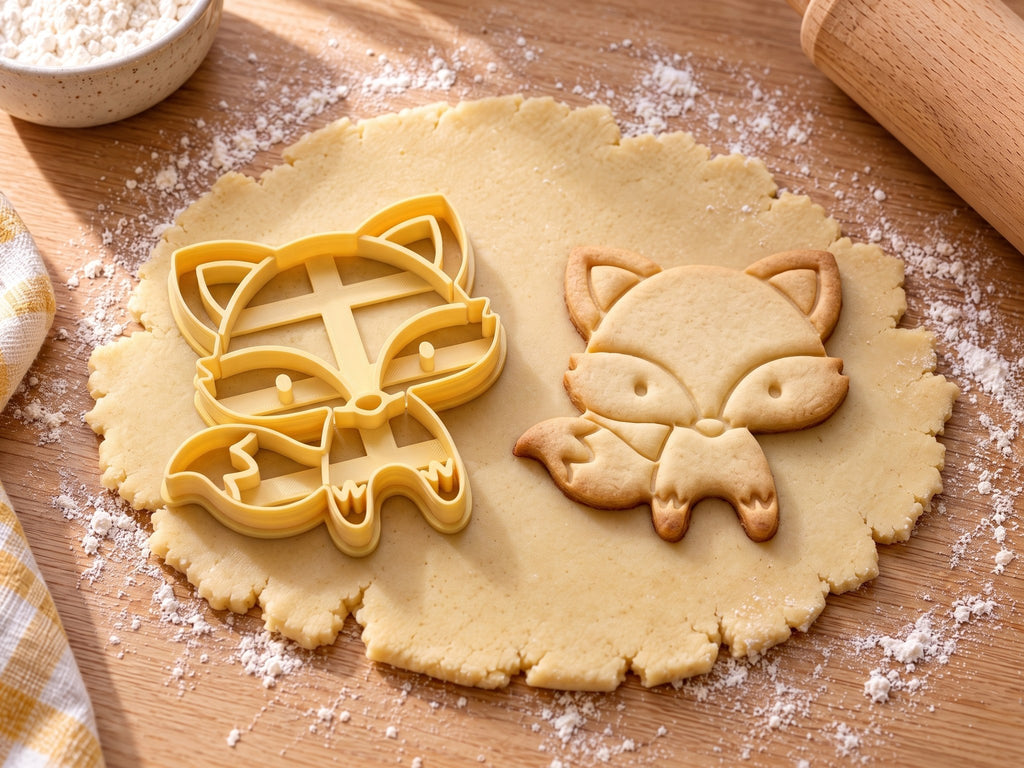 Butter-gelber Fuchs-Ausstecher mit Prägung neben gebackenem Keks mit Fellkragen, großen Augen und buschigem Schwanz auf hellem Holz