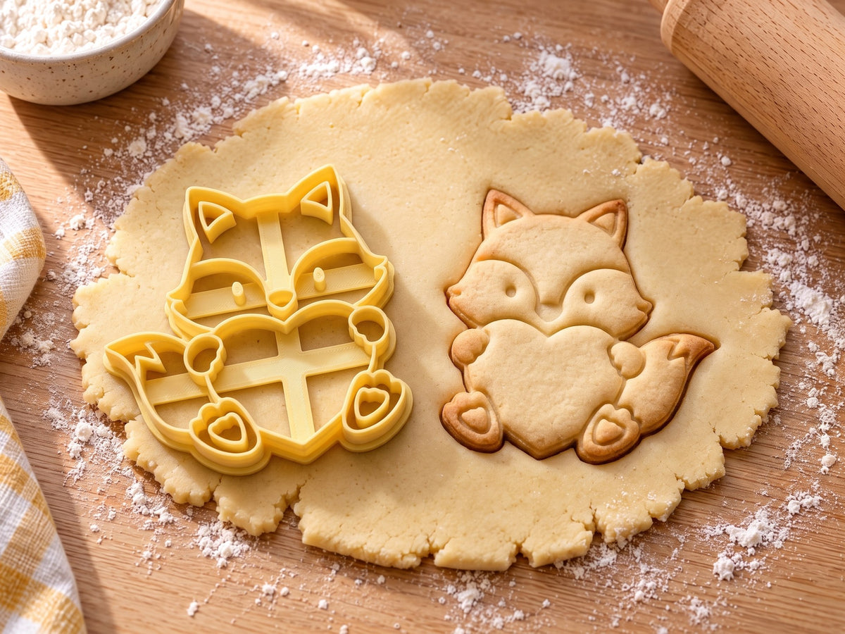Butter-gelber Fuchs-Ausstecher mit Prägung neben gebackenem Keks: kleiner Fuchs hält ein großes Herz, heller Holztisch