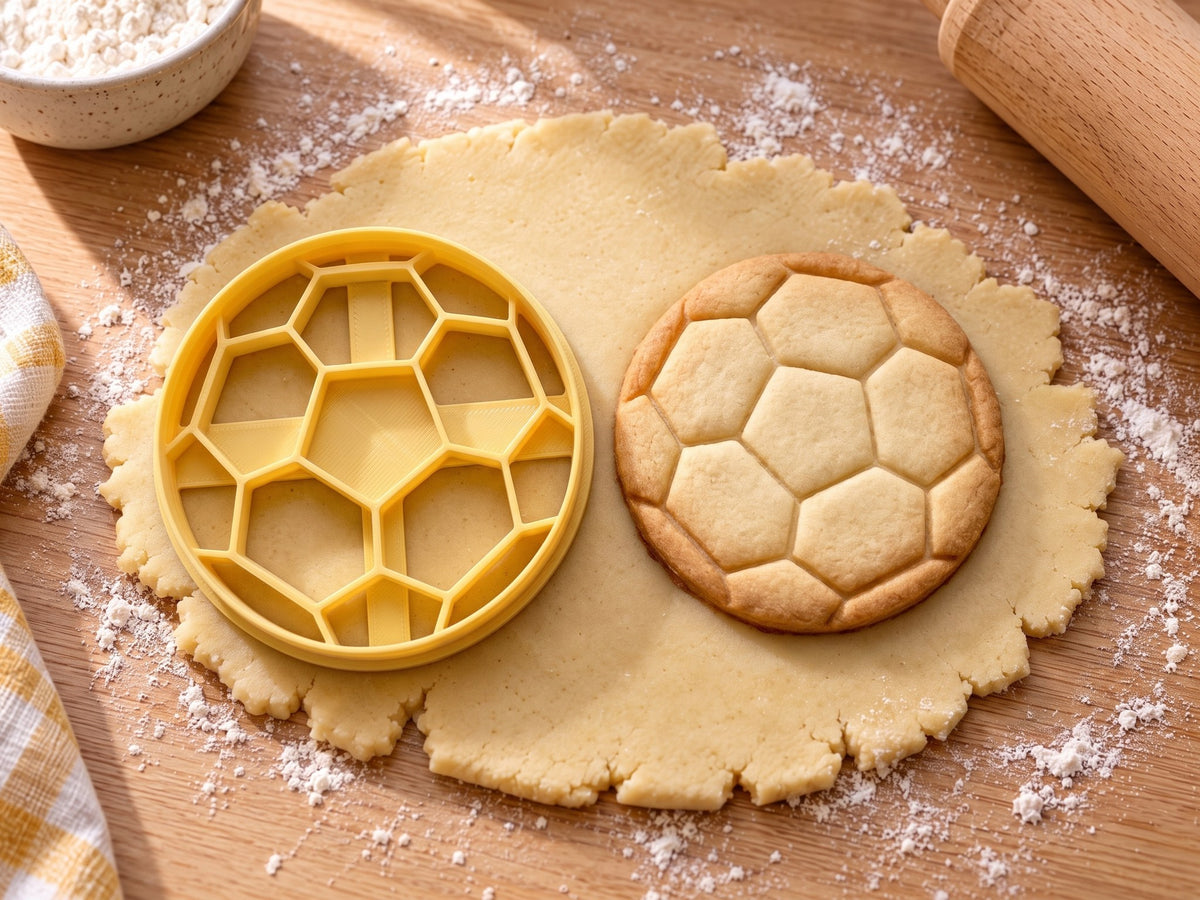 Butter-gelber Fußball-Ausstecher mit Prägung neben Ball-Keks mit schräg gedrehtem Fünfeckmuster auf hellem Holz