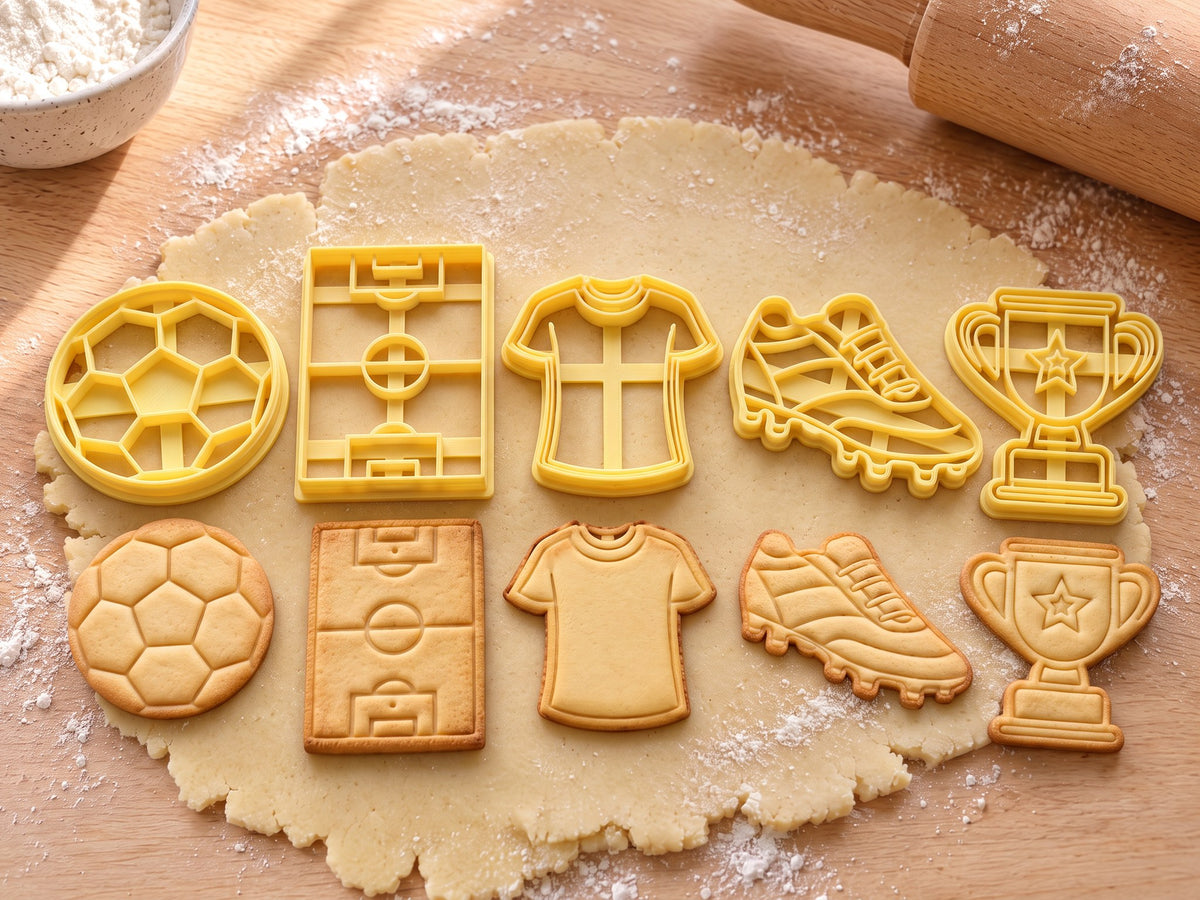 Set Fußball-Fan: 5 butter-gelbe Ausstecher mit Prägung nebeneinander mit gebackenen, geprägten Keksen auf ausgerolltem Teig und hellem Holz