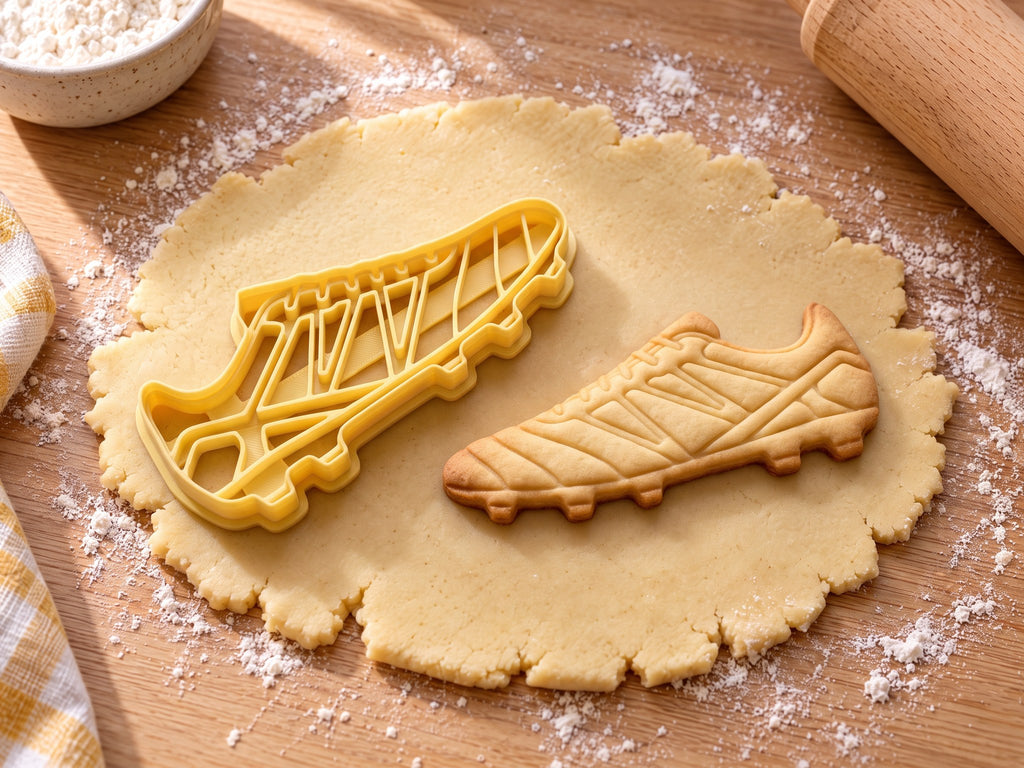 Butter-gelber Fußballschuh-Ausstecher mit Prägung neben gebackenem Keks mit Winkelmuster, Schnürung und Stollen auf hellem Holz