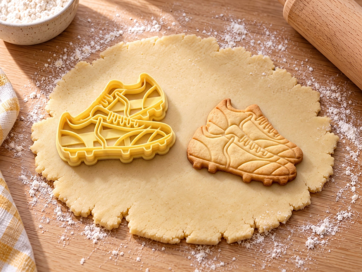 Butter-gelber Ausstecher mit Prägung in Form zweier Fußballschuhe neben gebackenem Keks mit Schnürsenkeln und Stollen auf hellem Holz