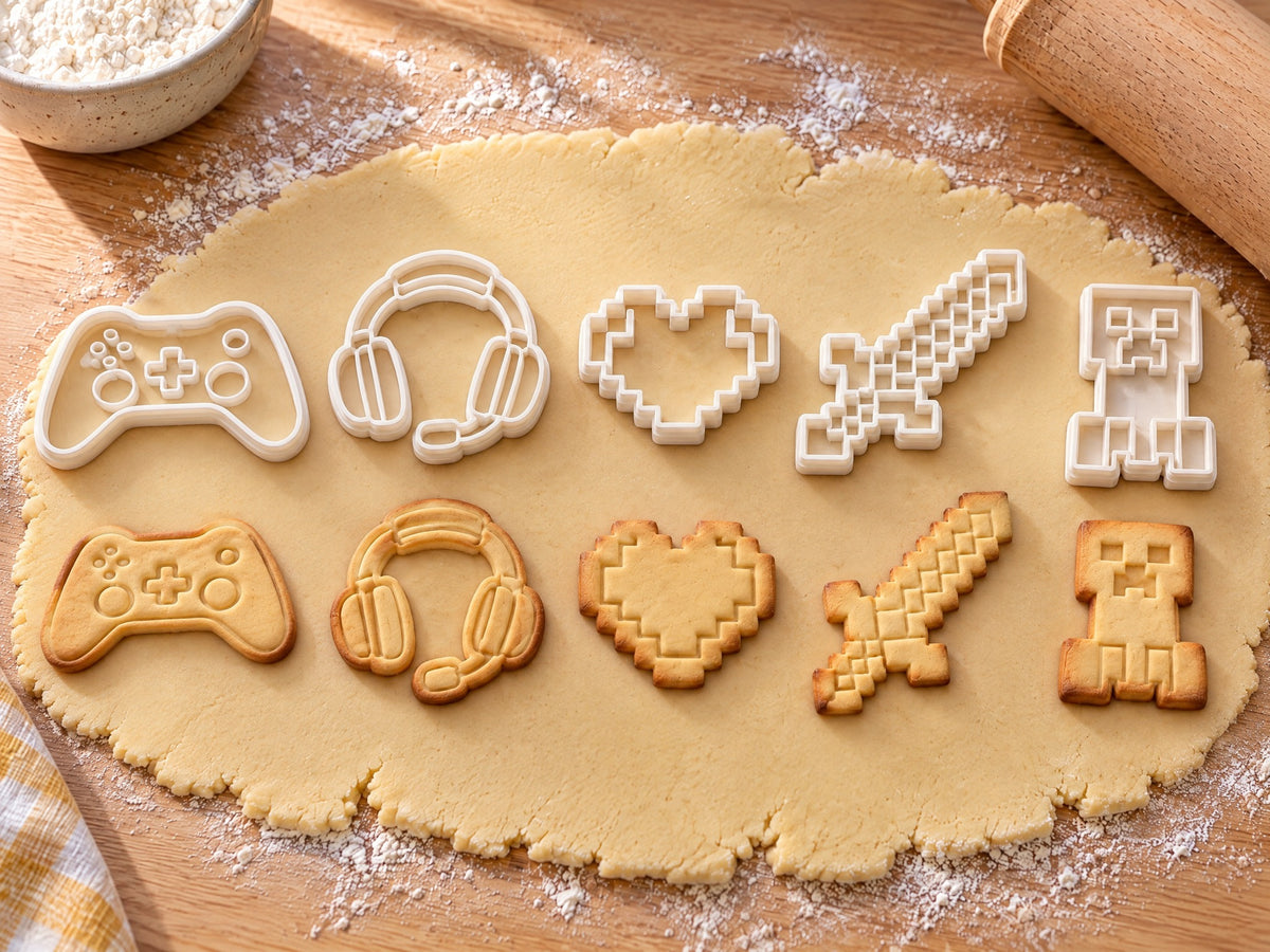 Set Gaming: 5 weiße Ausstecher mit Prägung, darunter die gebackenen, geprägten Kekse, auf ausgerolltem Teig und hellem Holz