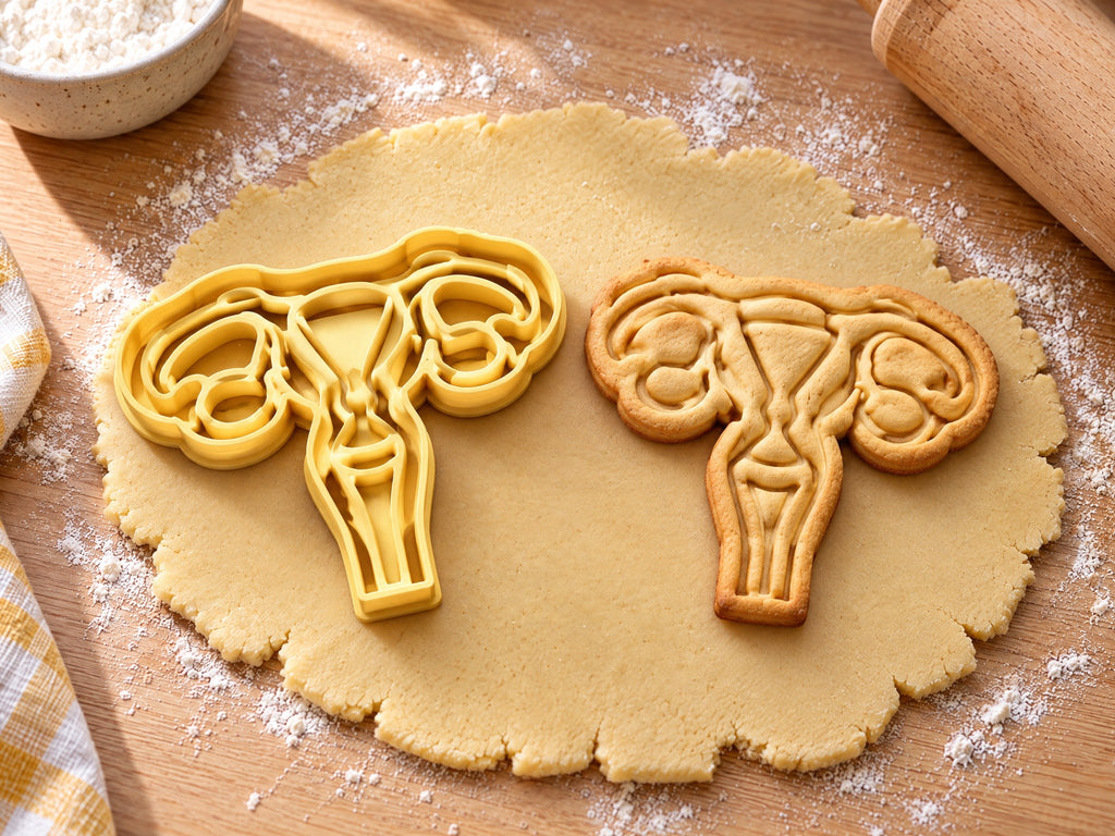 Butter-gelber Gebärmutter-Ausstecher mit Prägung neben gebackenem Keks mit Eileitern und Eierstöcken auf hellem Holz