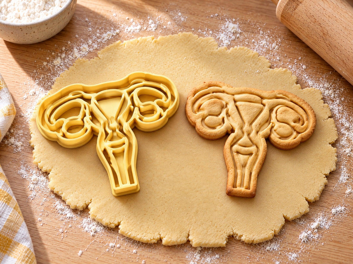 Butter-gelber Gebärmutter-Ausstecher mit Prägung neben gebackenem Keks mit Eileitern und Eierstöcken auf hellem Holz