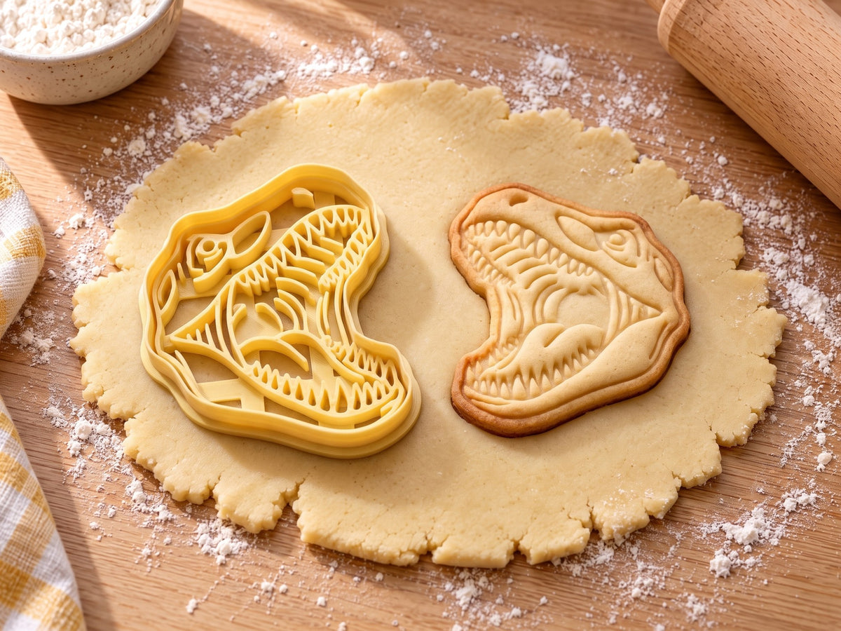 Butter-gelber Ausstecher mit Prägung als geöffnetes Gebiss neben gebackenem Keks mit oberer und unterer Zahnreihe auf hellem Holz