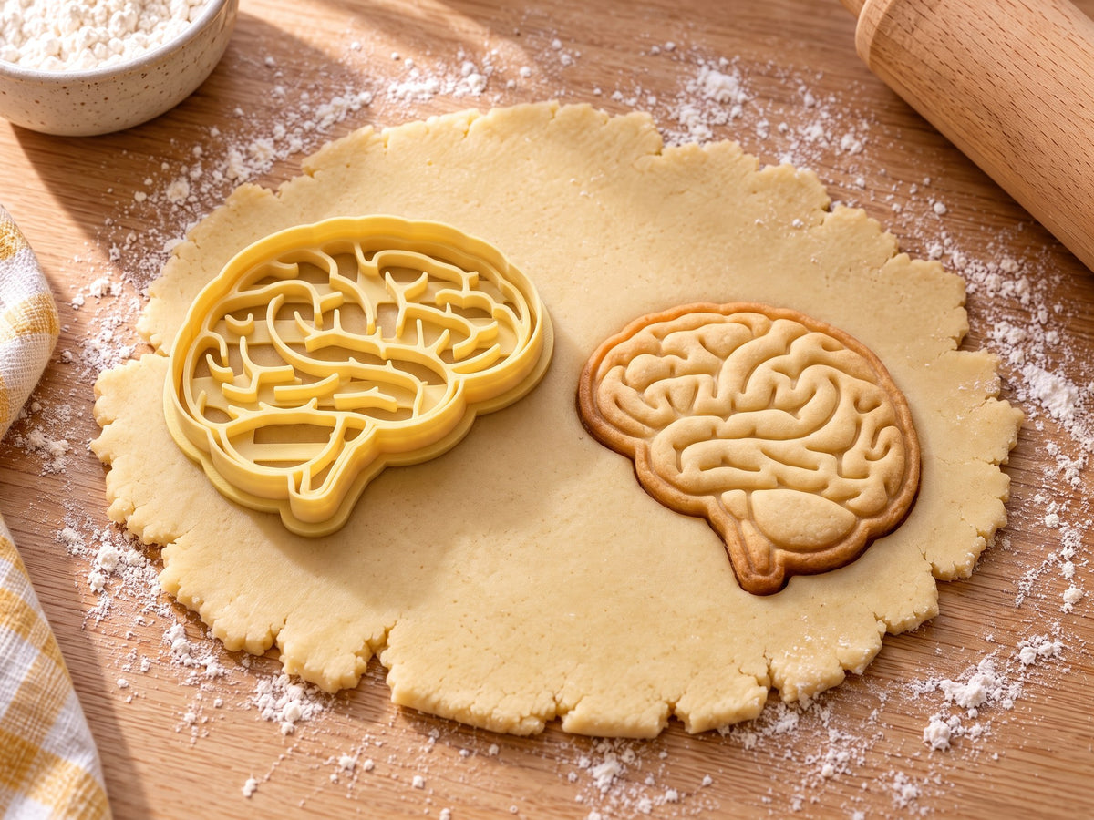 Butter-gelber Gehirn-Ausstecher mit Prägung neben gebackenem Keks mit Hirnwindungen, Kleinhirn und Hirnstamm auf hellem Holz
