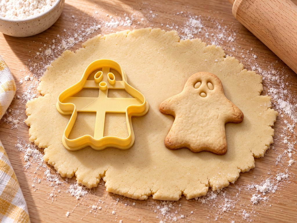 Butter-gelber Geist-Ausstecher mit Prägung neben kompaktem Gespenst-Keks mit Ovalaugen und Wellensaum auf hellem Holz