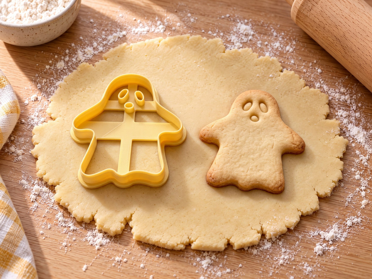 Butter-gelber Geist-Ausstecher mit Prägung neben kompaktem Gespenst-Keks mit Ovalaugen und Wellensaum auf hellem Holz
