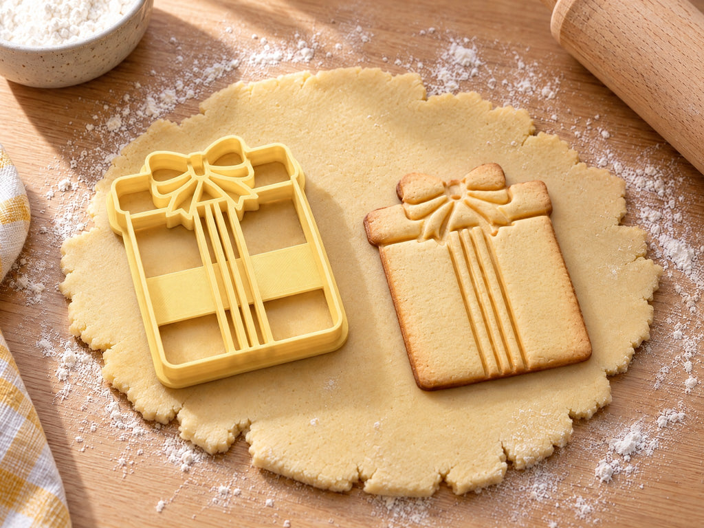 Butter-gelber Geschenk-Ausstecher mit Prägung neben gebackenem Keks: Päckchen von vorn mit Schleife und drei Bändern auf hellem Holz