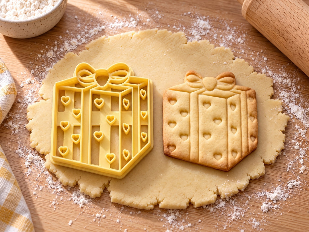 Butter-gelber Geschenk-Ausstecher mit Prägung neben gebackenem Keks: Würfel mit eingeprägten Herzchen und Schleife auf hellem Holz