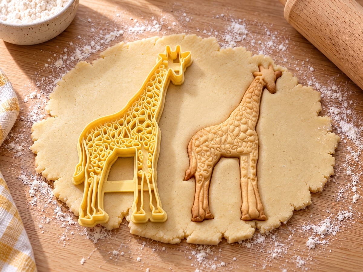 Butter-gelber Giraffen-Ausstecher mit Prägung neben gebackenem Keks mit Netzmuster am ganzen Körper auf hellem Holz