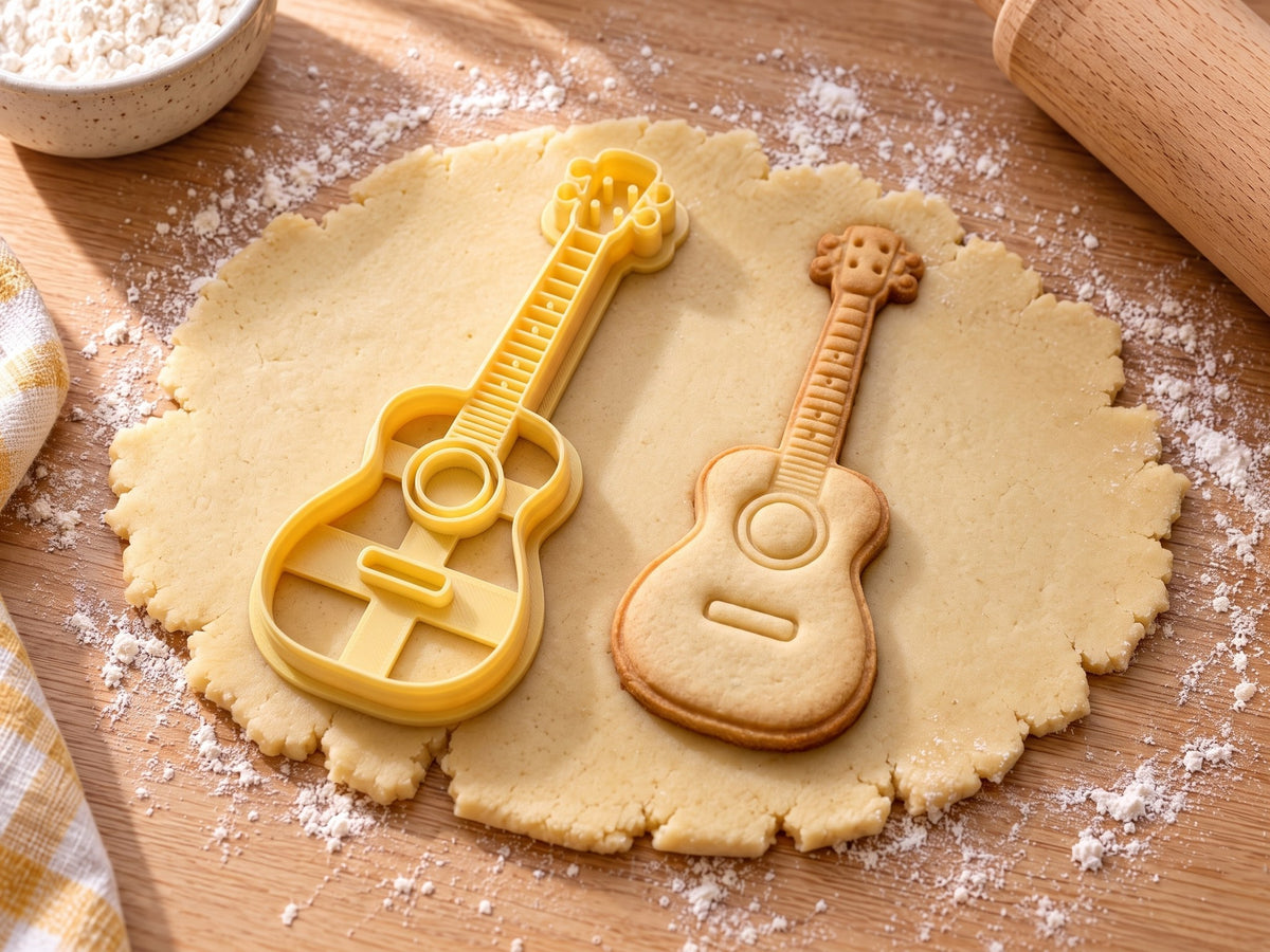 Butter-gelber Gitarren-Ausstecher mit Prägung neben gebackenem Keks mit Schallloch, Bünden und schlichter Kopfplatte auf hellem Holz