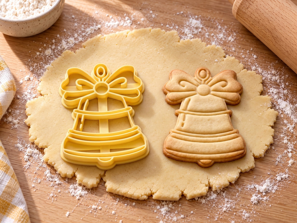 Butter-gelber Glocken-Ausstecher mit Prägung neben gebackenem Keks mit Schleife, Zierringen und Klöppel auf hellem Holz