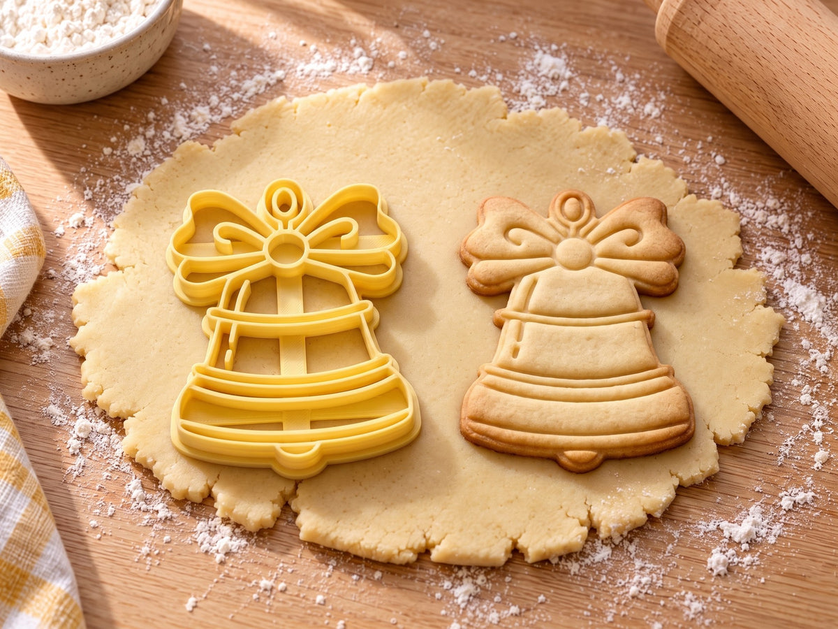 Butter-gelber Glocken-Ausstecher mit Prägung neben gebackenem Keks mit Schleife, Zierringen und Klöppel auf hellem Holz
