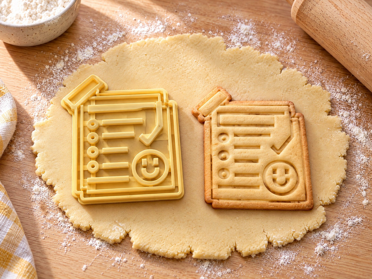 Butter-gelber Haftnotiz-Ausstecher mit Prägung neben gebackenem Keks mit Checkliste, Haken und lachendem Gesicht auf hellem Holz