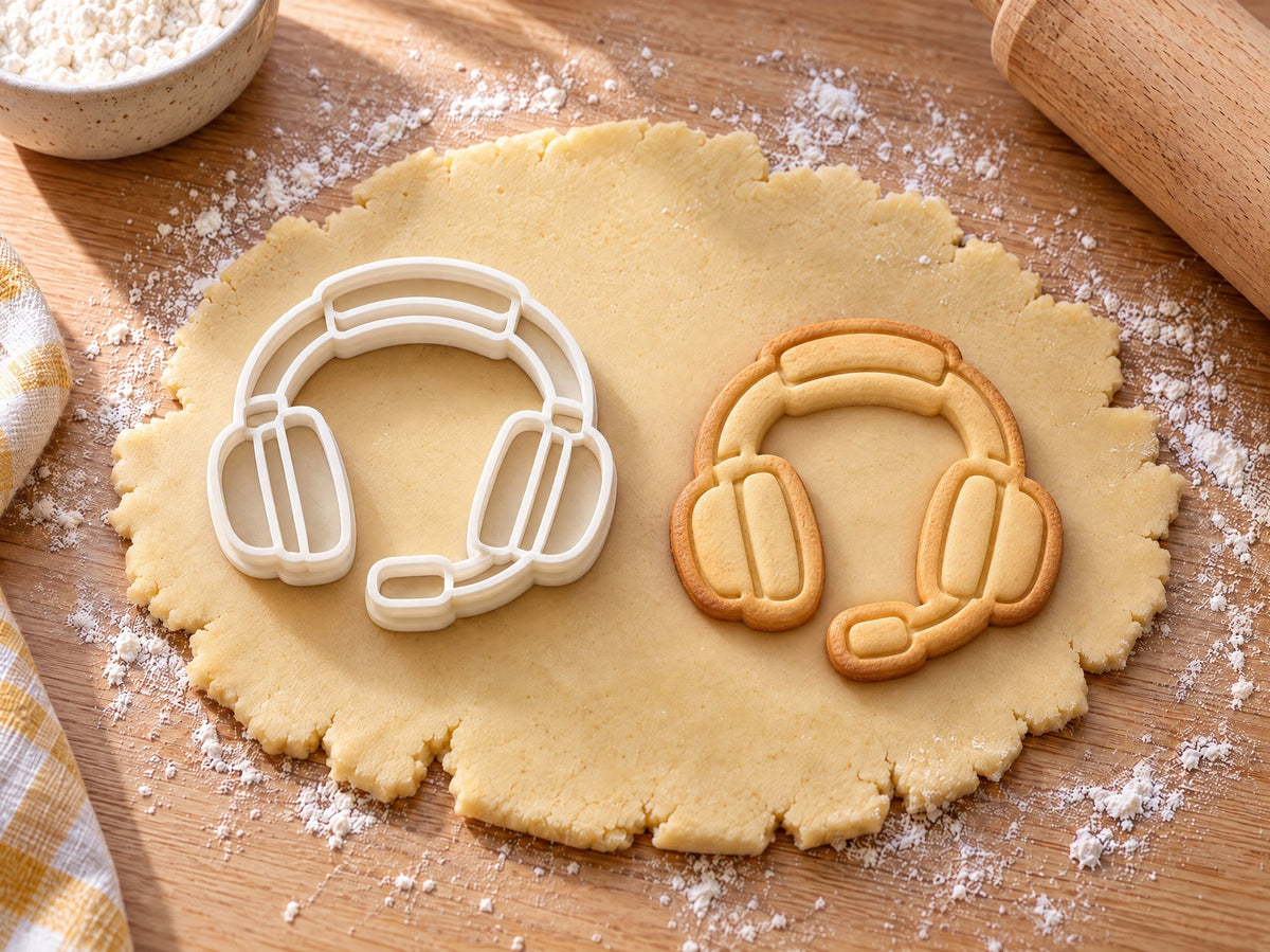 Gaming-Headset-Ausstecher mit Prägung neben gebackenem Keks auf hellem Holz