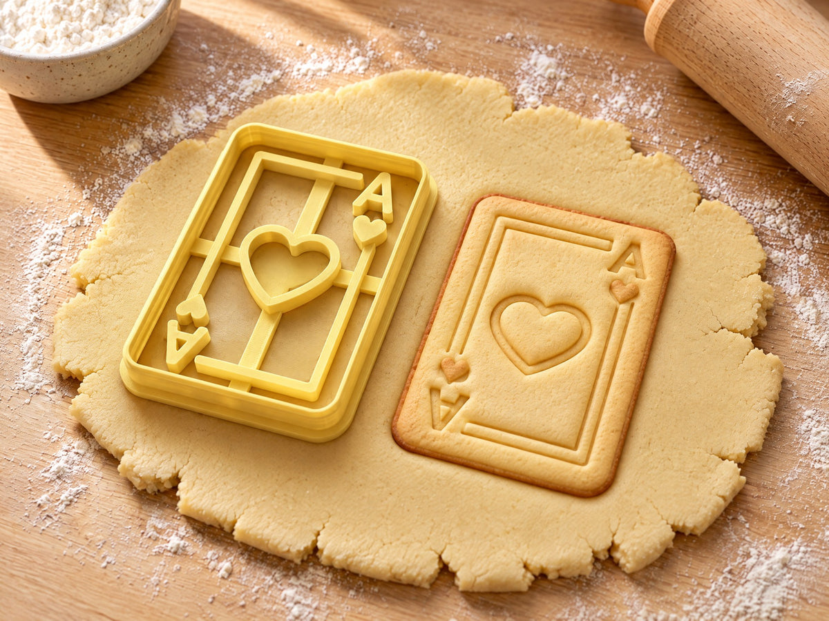 Butter-gelber Spielkarten-Ausstecher mit Prägung neben gebackenem Herz-Ass-Keks mit Herz, Rahmen und zwei A auf hellem Holz