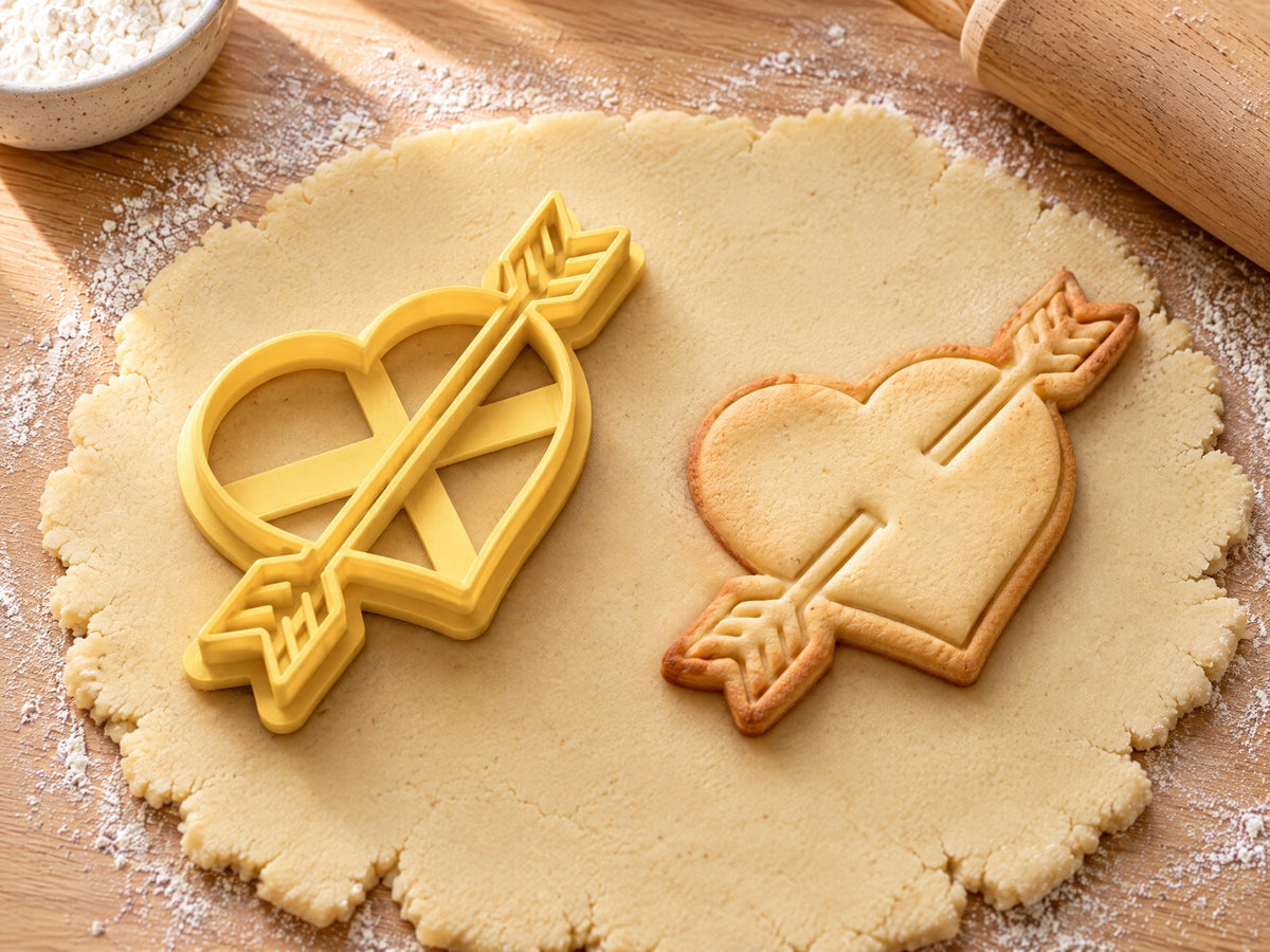Butter-gelber Ausstecher mit Prägung: Herz mit Amorpfeil, daneben gebackener Keks mit diagonalem Pfeil und Federende auf hellem Holz